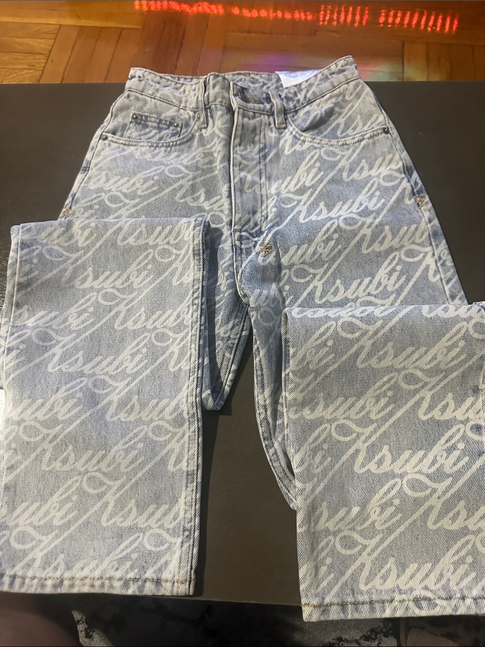 Ksubi White Script-Print Light Blue Straight Jeans